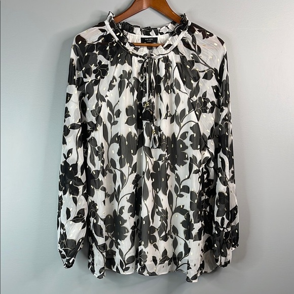 Haver. London NWOT Plisse Floral Top Ruffled Keyhole Tied Neck Long Sleeve 2X - Picture 13 of 13
